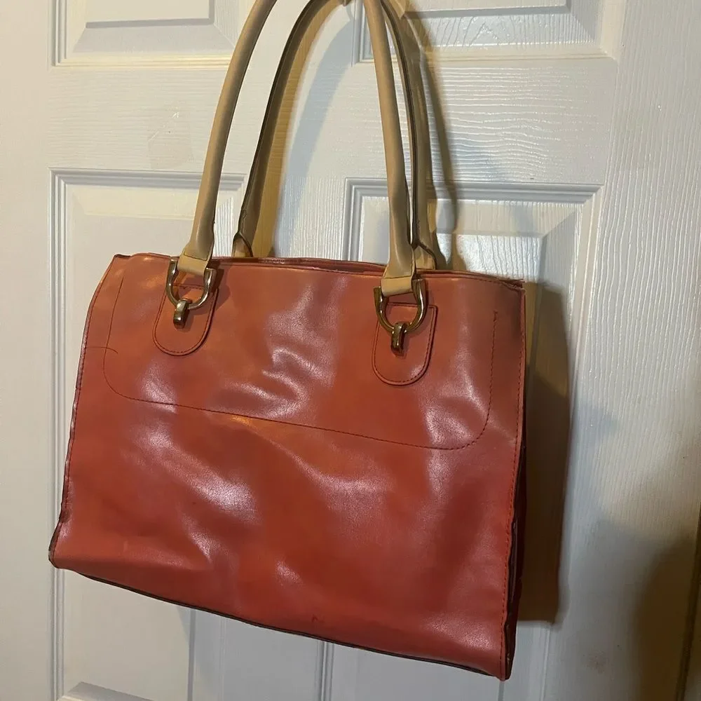 London Fog Faux leather orange large tote bag beige straps silver tone hardwares